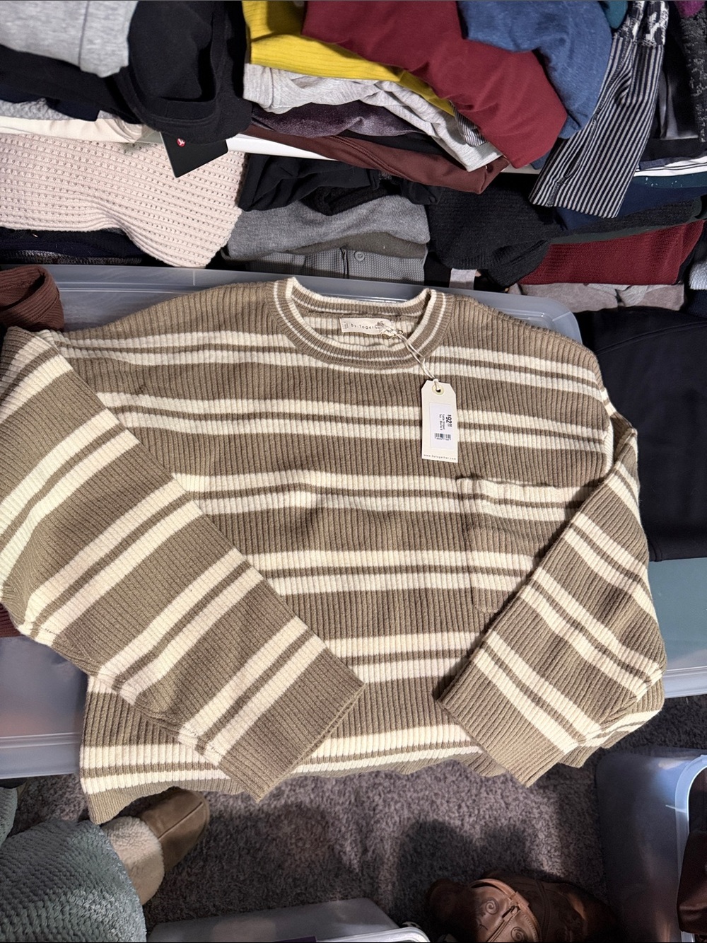 By Together Ribbed Striped Crewneck Sweater in Beige and Cream